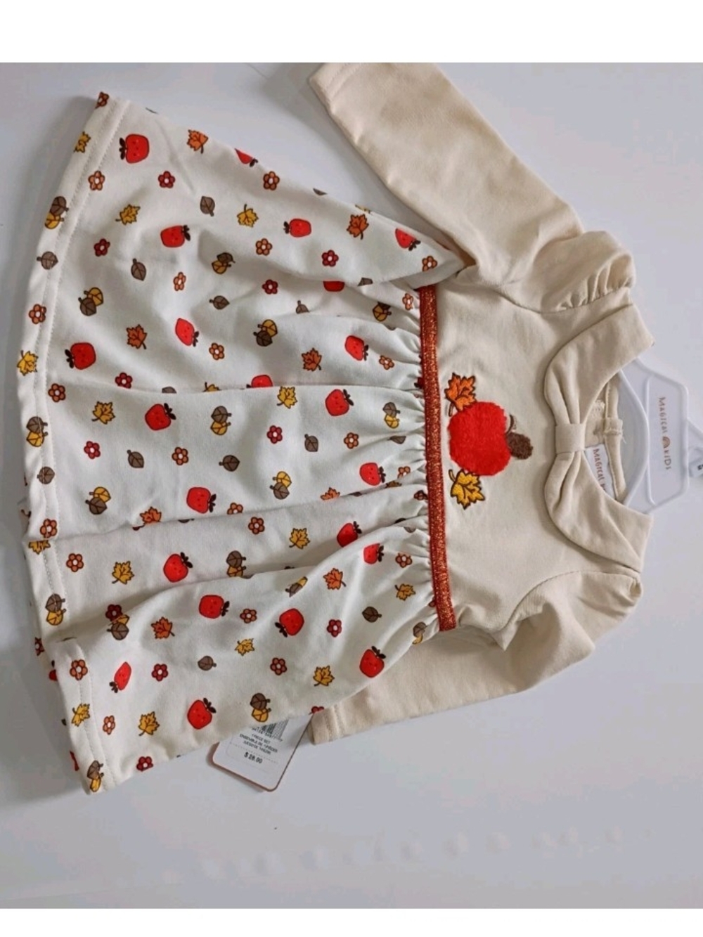 Cream & Red Apple-Print Long-Sleeve Kids Dress